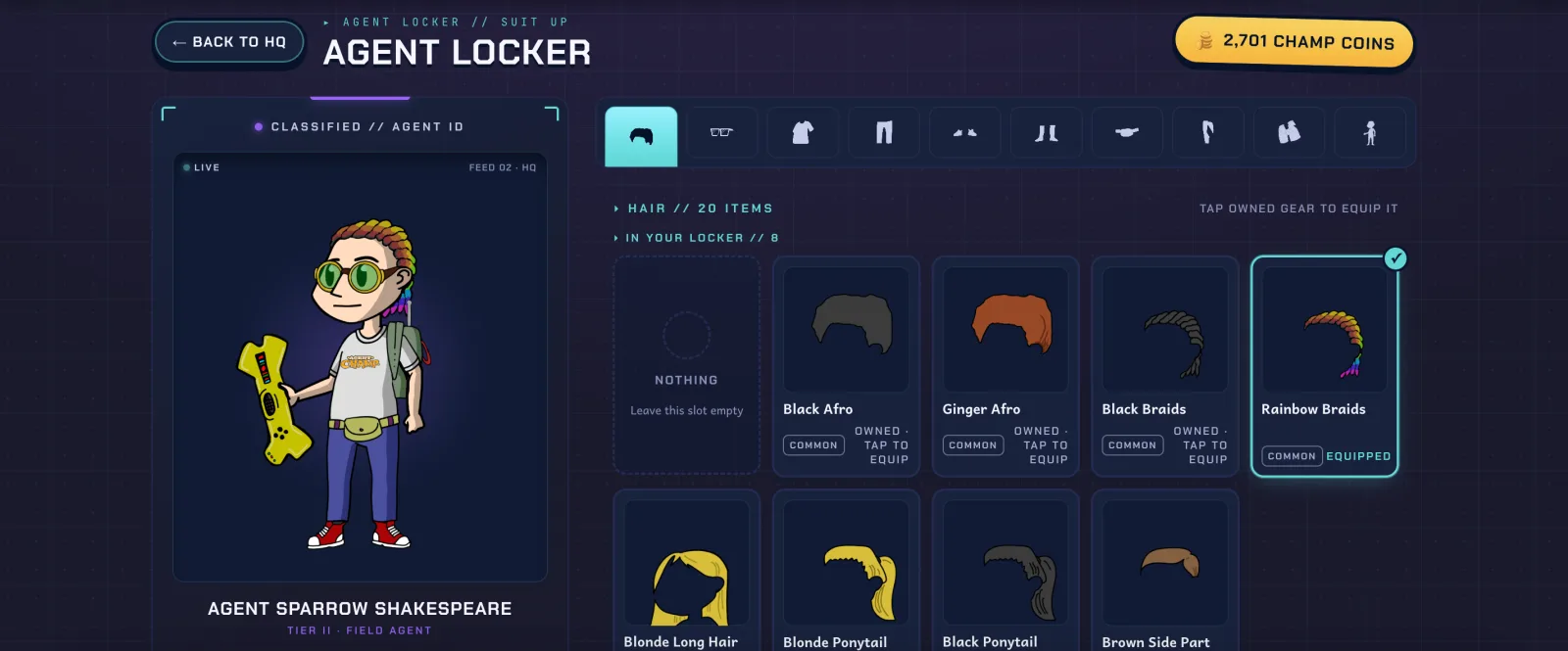 The Agent Locker: hair, glasses, tops, trousers, shoes, backpacks and gadgets bought with Champ Coins