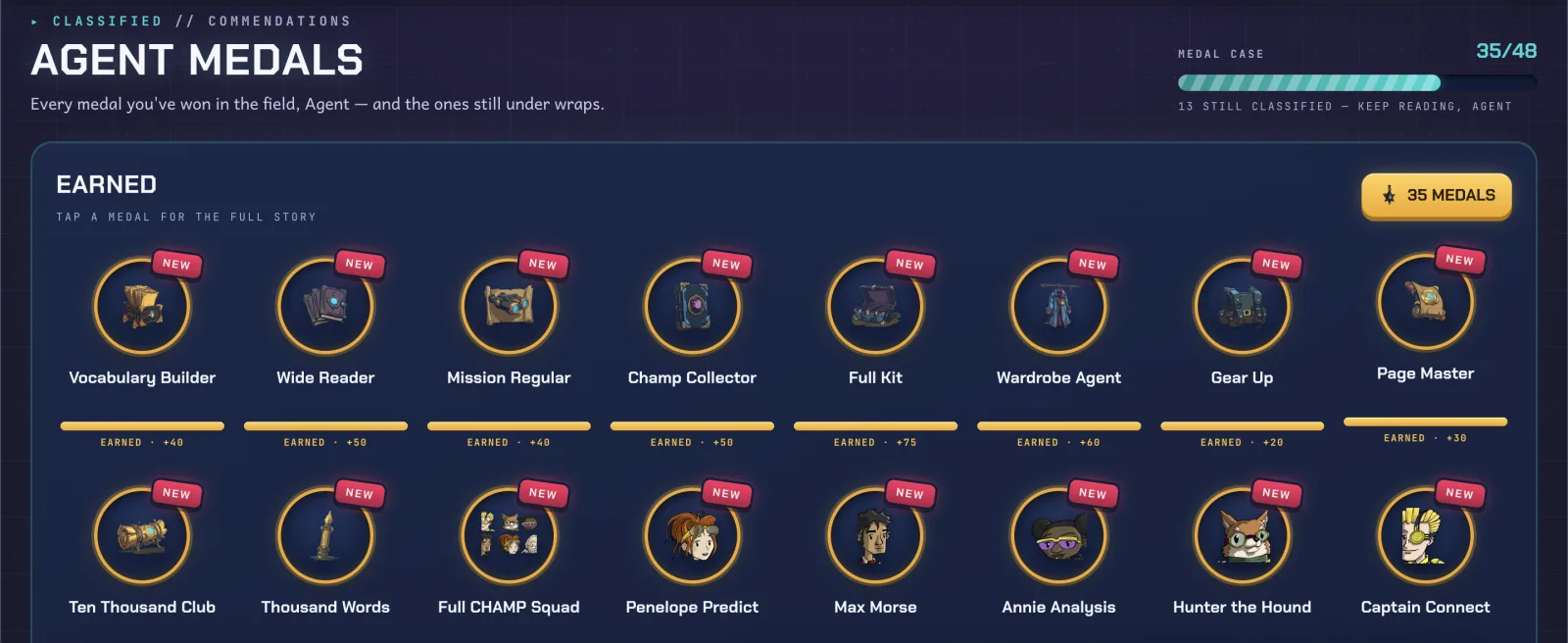 The Agent Medals case: commendations earned for reading milestones, with the rest still classified