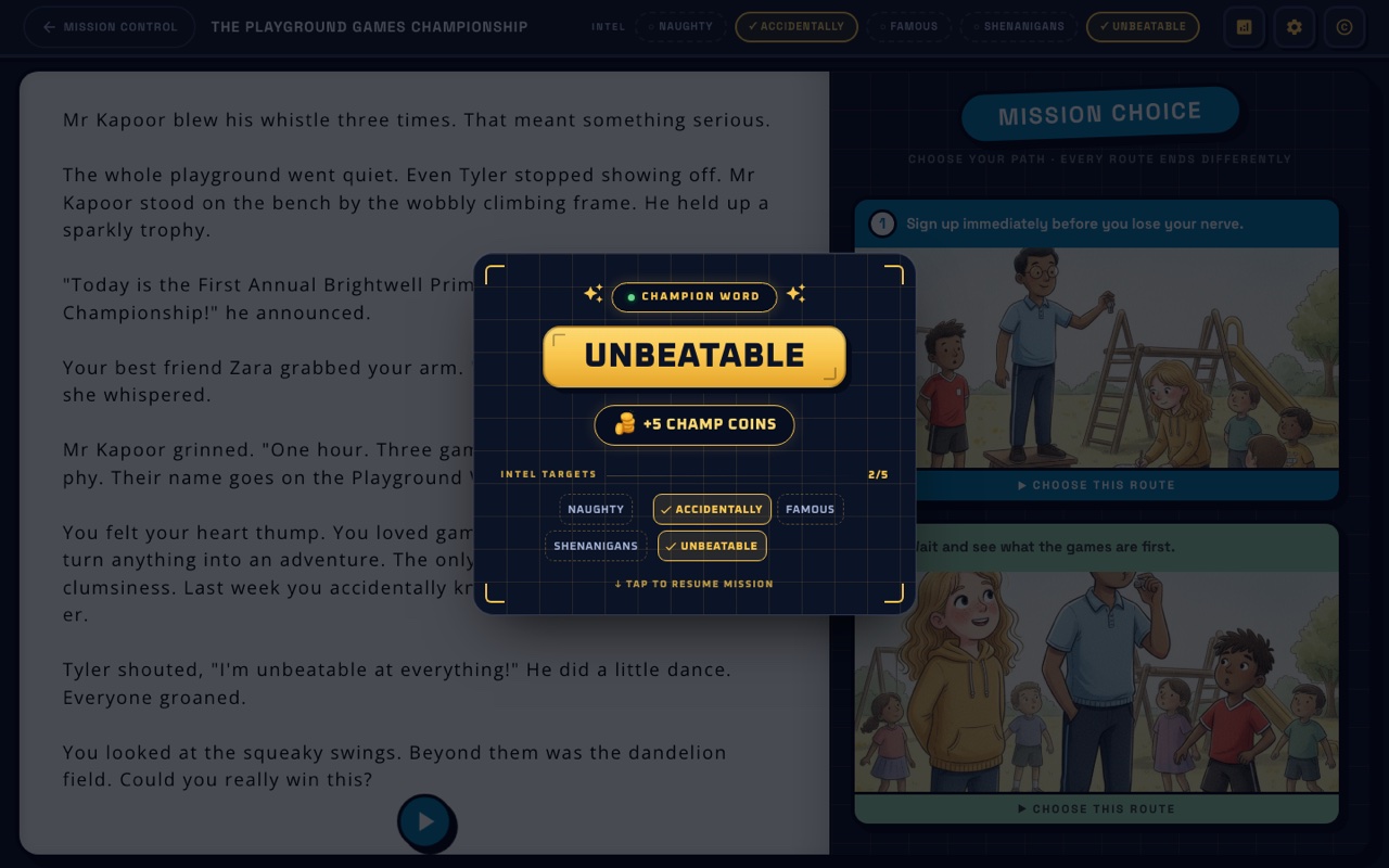 A mission in the reader: a Champion Word found on the story page banks 5 Champ Coins, beside the Mission Choice routes