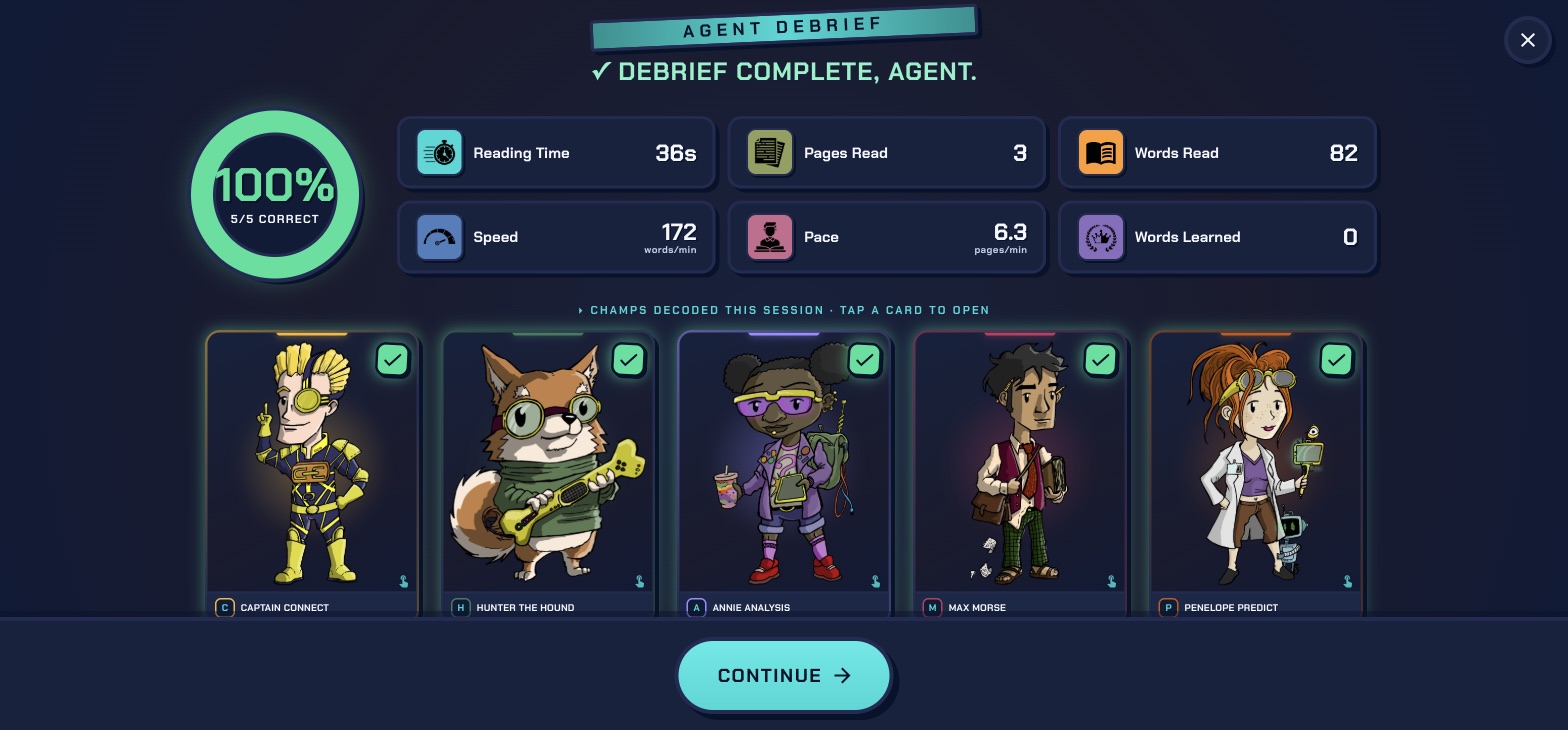 The Agent Debrief summary: a score ring, reading stats, and one card per CHAMP skill marked right or wrong