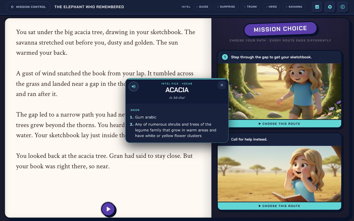 A longer read in the reader: the tap-any-word dictionary open on a story page