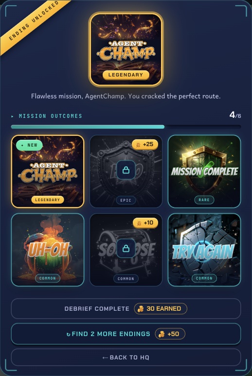 An ending unlocked on a phone: the legendary AgentChamp card banking its Champ Coins